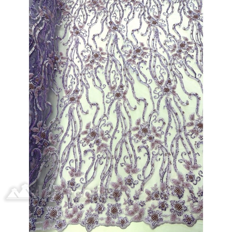 Floral Beaded Lace Fabric By The Yard Embroidered FabricICE FABRICSICE FABRICSLavenderBy The Yard (49" Wide)Floral Beaded Lace Fabric By The Yard Embroidered Fabric ICE FABRICS Lavender