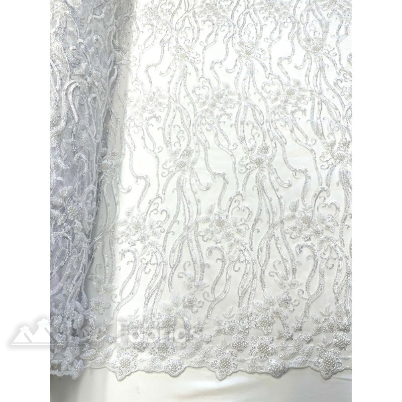 Floral Beaded Lace Fabric By The Yard Embroidered FabricICE FABRICSICE FABRICSWhiteBy The Yard (49" Wide)Floral Beaded Lace Fabric By The Yard Embroidered Fabric ICE FABRICS White