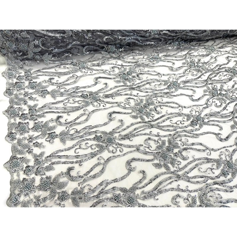 Floral Beaded Lace Fabric By The Yard Embroidered FabricICE FABRICSICE FABRICSSilverBy The Yard (49" Wide)Floral Beaded Lace Fabric By The Yard Embroidered Fabric ICE FABRICS Silver