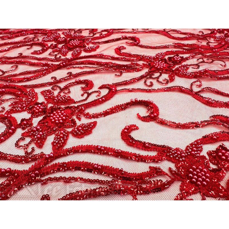 Floral Beaded Lace Fabric By The Yard Embroidered FabricICE FABRICSICE FABRICSRedBy The Yard (49" Wide)Floral Beaded Lace Fabric By The Yard Embroidered Fabric ICE FABRICS Red