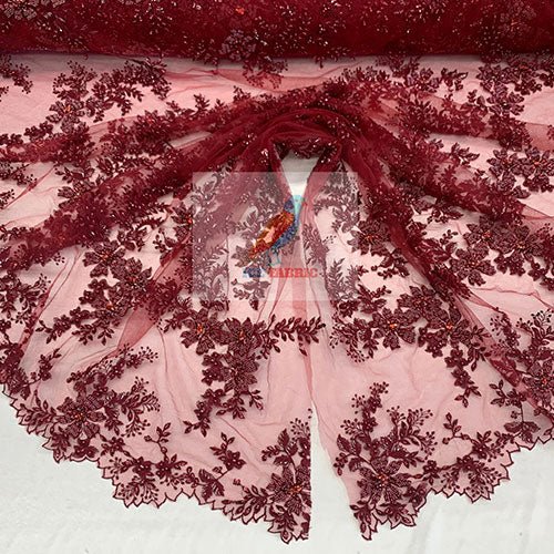 Floral Embroidered Bridal Beaded Mesh Lace Fabric For Prom DressICEFABRICICE FABRICSBurgundy1Floral Embroidered Bridal Beaded Mesh Lace Fabric For Prom Dress ICEFABRIC Burgundy