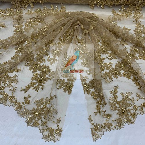 Floral Embroidered Bridal Beaded Mesh Lace Fabric For Prom DressICEFABRICICE FABRICSGold1Floral Embroidered Bridal Beaded Mesh Lace Fabric For Prom Dress ICEFABRIC Gold