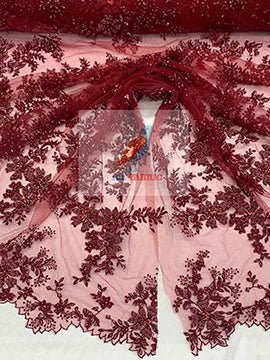 Floral Embroidered Bridal Beaded Mesh Lace Fabric For Prom DressICEFABRICICE FABRICSBurgundy1Floral Embroidered Bridal Beaded Mesh Lace Fabric For Prom Dress ICEFABRIC Burgundy