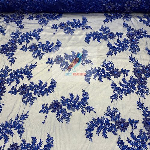 Floral Embroidered Bridal Beaded Mesh Lace Fabric For Prom DressICEFABRICICE FABRICSRoyal Blue1Floral Embroidered Bridal Beaded Mesh Lace Fabric For Prom Dress ICEFABRIC Royal Blue