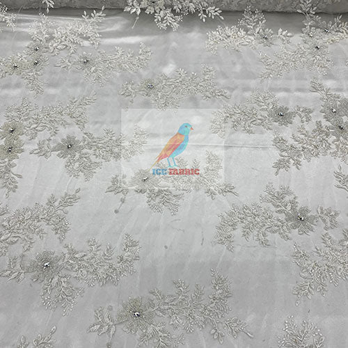 Floral Embroidered Bridal Beaded Mesh Lace Fabric For Prom DressICEFABRICICE FABRICSIvory5Floral Embroidered Bridal Beaded Mesh Lace Fabric For Prom Dress ICEFABRIC Ivory