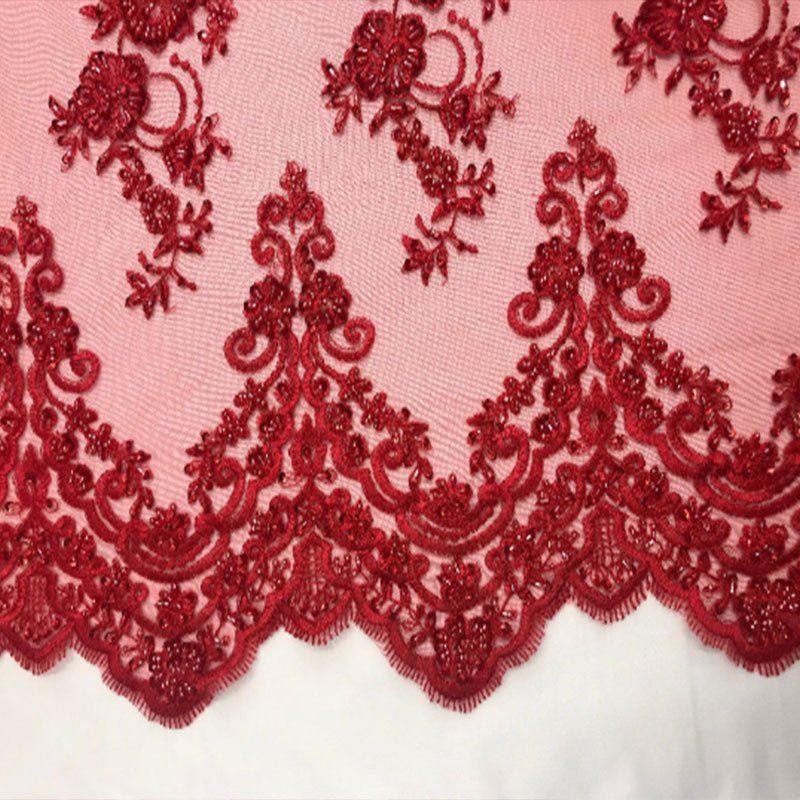 Floral Embroidered Bridal Wedding Beaded Mesh Lace FabricICEFABRICICE FABRICSRedFloral Embroidered Bridal Wedding Beaded Mesh Lace Fabric ICEFABRIC Red