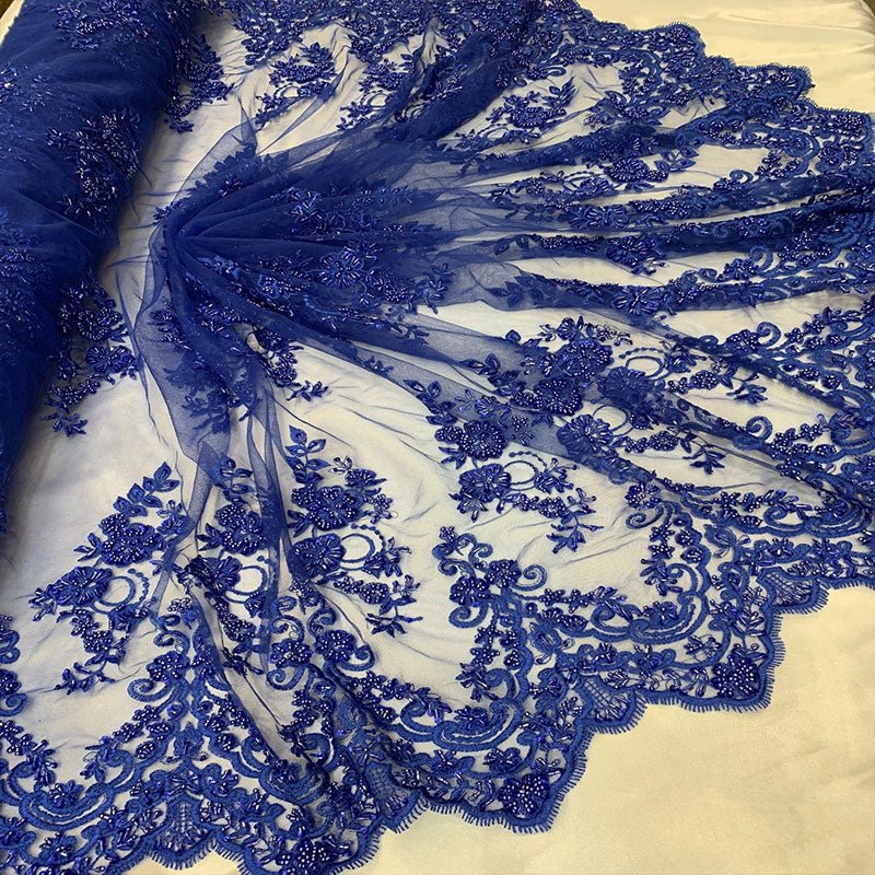 Floral Embroidered Bridal Wedding Beaded Mesh Lace FabricICEFABRICICE FABRICSPurpleFloral Embroidered Bridal Wedding Beaded Mesh Lace Fabric ICEFABRIC Royal Blue