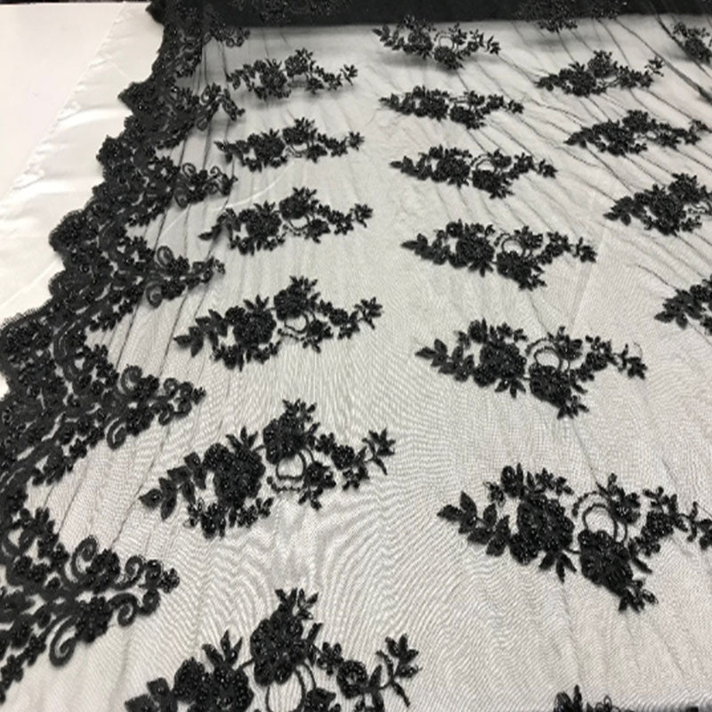 Floral Embroidered Bridal Wedding Beaded Mesh Lace FabricICEFABRICICE FABRICSMintFloral Embroidered Bridal Wedding Beaded Mesh Lace Fabric ICEFABRIC Black