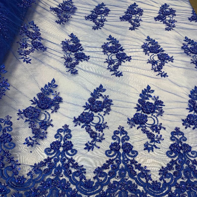 Floral Embroidered Bridal Wedding Beaded Mesh Lace FabricICEFABRICICE FABRICSRoyal BlueFloral Embroidered Bridal Wedding Beaded Mesh Lace Fabric ICEFABRIC Royal Blue