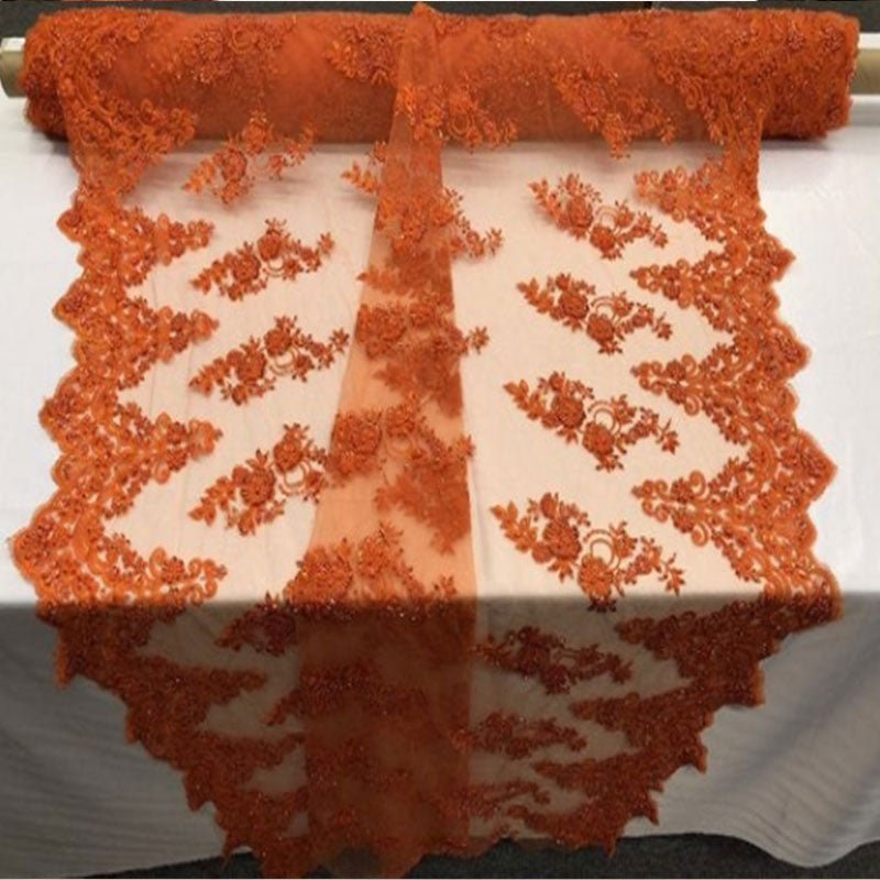 Floral Embroidered Bridal Wedding Beaded Mesh Lace FabricICEFABRICICE FABRICSCoralFloral Embroidered Bridal Wedding Beaded Mesh Lace Fabric ICEFABRIC Orange