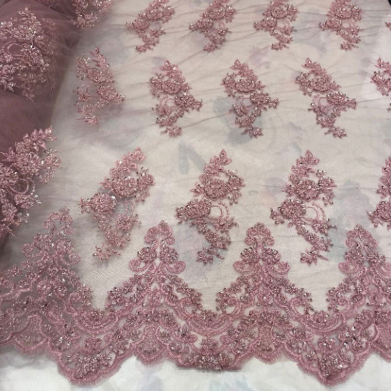 Floral Embroidered Bridal Wedding Beaded Mesh Lace FabricICEFABRICICE FABRICSDusty RoseFloral Embroidered Bridal Wedding Beaded Mesh Lace Fabric ICEFABRIC Dusty Rose