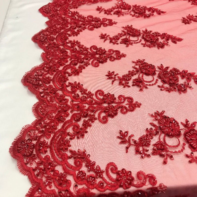 Floral Embroidered Bridal Wedding Beaded Mesh Lace FabricICEFABRICICE FABRICSRoyal BlueFloral Embroidered Bridal Wedding Beaded Mesh Lace Fabric ICEFABRIC Red