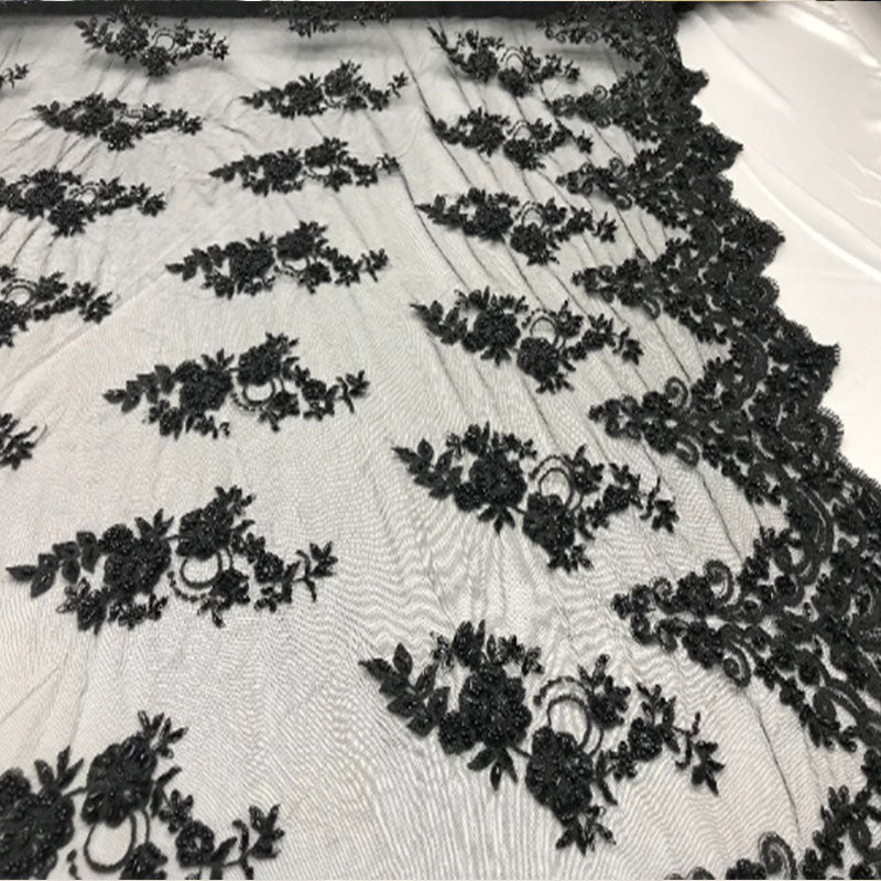 Floral Embroidered Bridal Wedding Beaded Mesh Lace FabricICEFABRICICE FABRICSMintFloral Embroidered Bridal Wedding Beaded Mesh Lace Fabric ICEFABRIC Black