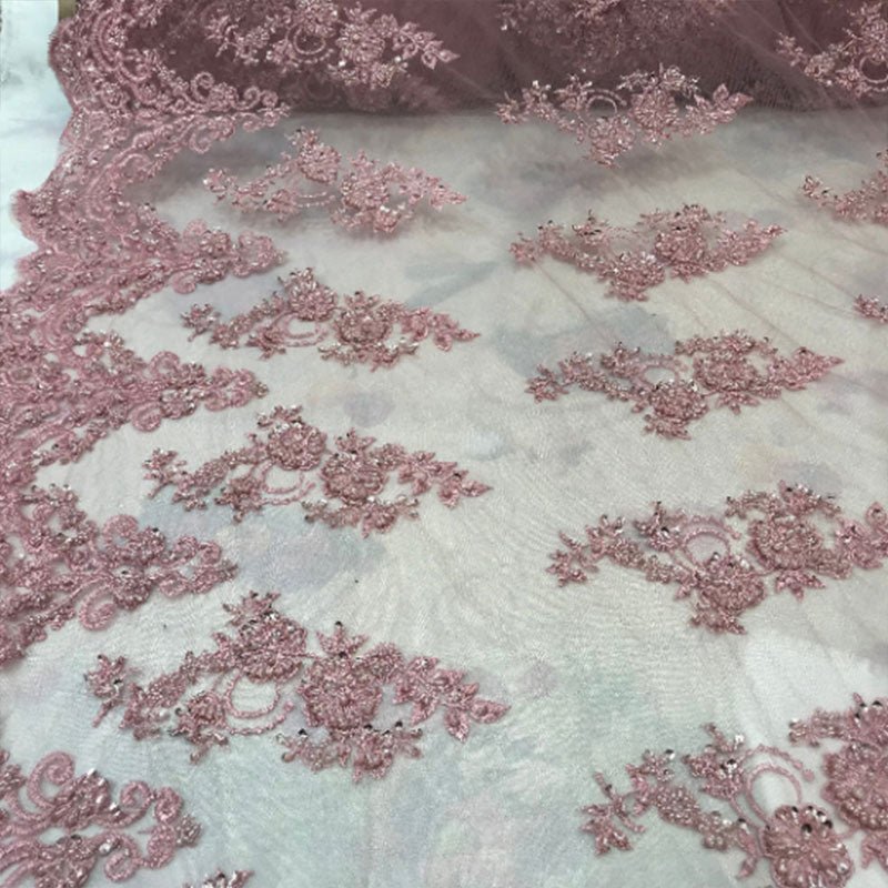 Floral Embroidered Bridal Wedding Beaded Mesh Lace FabricICEFABRICICE FABRICSRedFloral Embroidered Bridal Wedding Beaded Mesh Lace Fabric ICEFABRIC Dusty Rose