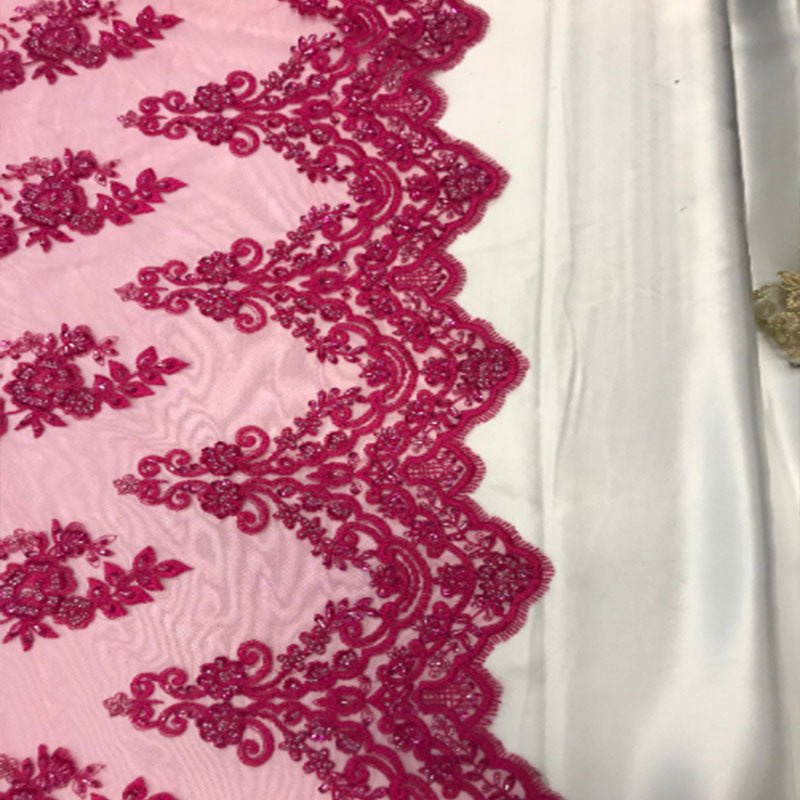 Floral Embroidered Bridal Wedding Beaded Mesh Lace FabricICEFABRICICE FABRICSTurquoiseFloral Embroidered Bridal Wedding Beaded Mesh Lace Fabric ICEFABRIC Fuchsia