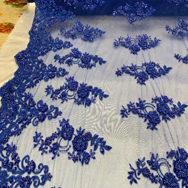 Floral Embroidered Bridal Wedding Beaded Mesh Lace FabricICEFABRICICE FABRICSPurpleFloral Embroidered Bridal Wedding Beaded Mesh Lace Fabric ICEFABRIC Royal Blue