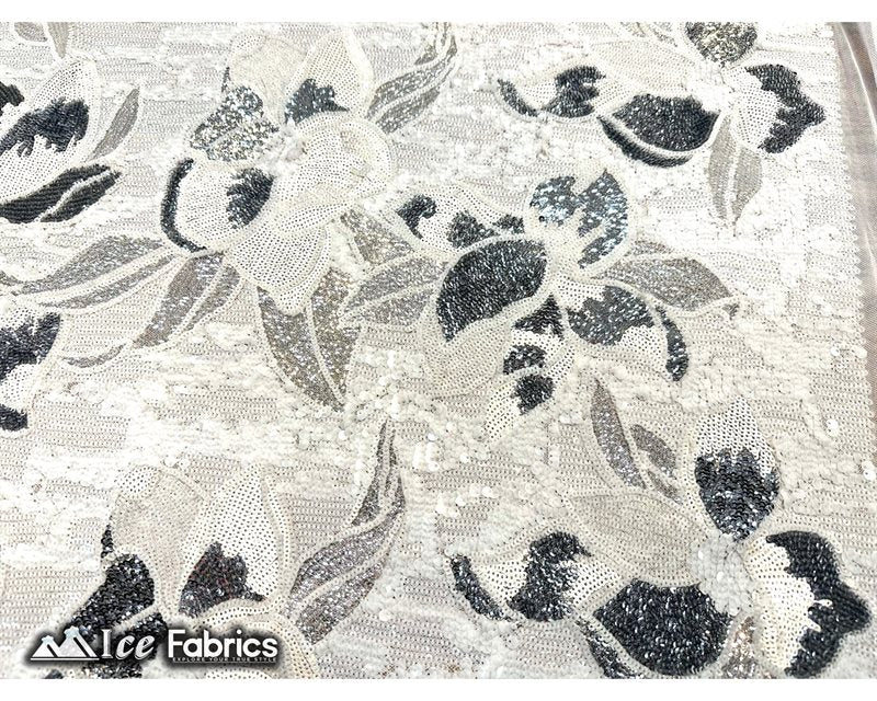 Floral Embroidered Heavy Stretch Sequin Fabric White Silver