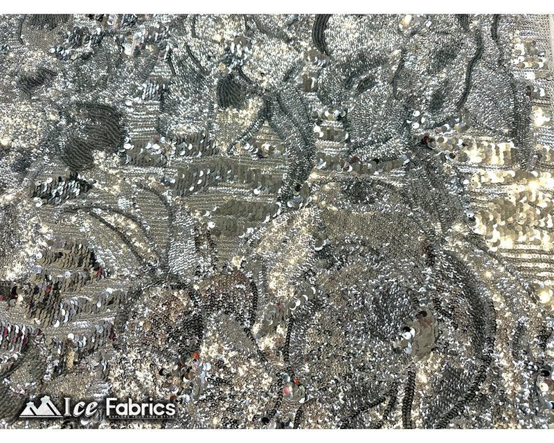 Floral Embroidered Heavy Stretch Sequin Fabric Silver On White