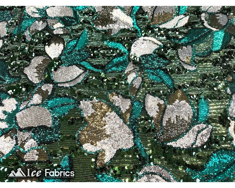 Floral Embroidered Heavy Stretch Sequin Fabric Hunter Green.