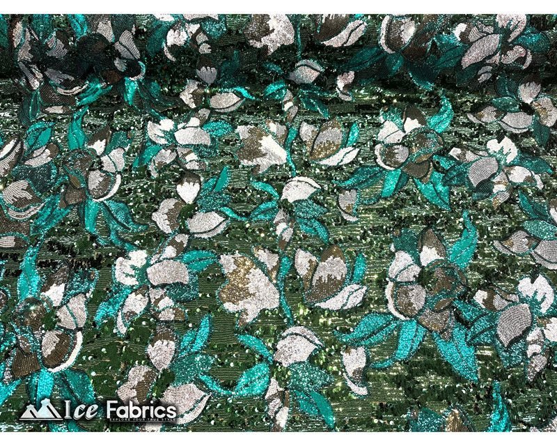 Floral Embroidered Heavy Stretch Sequin Fabric Hunter Green.