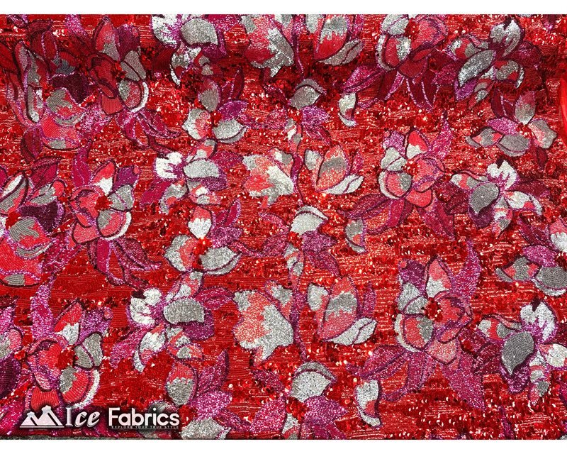 Floral Embroidered Heavy Stretch Sequin Fabric Red