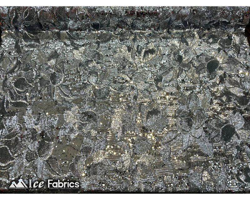 Floral Embroidered Heavy Stretch Sequin Fabric Silver On Black