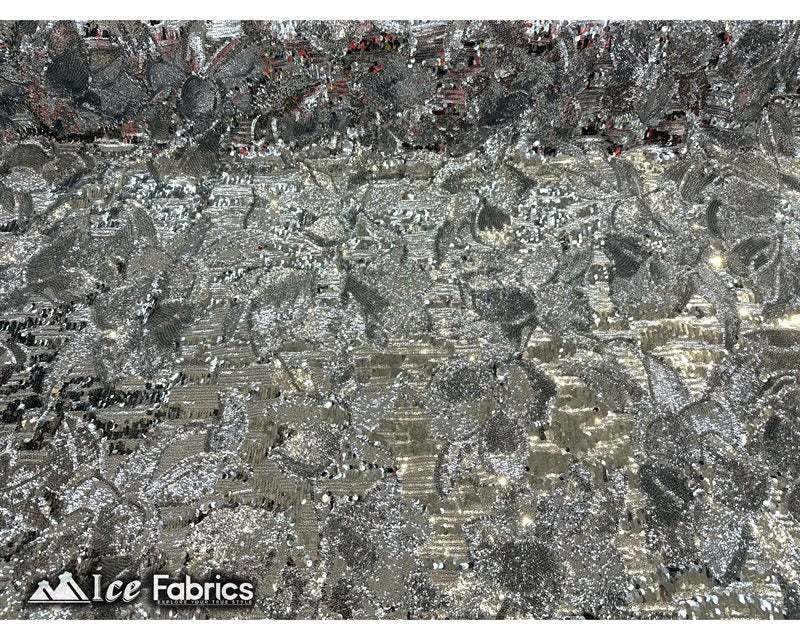 Floral Embroidered Heavy Stretch Sequin Fabric Silver On White