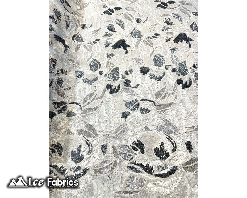 Floral Embroidered Heavy Stretch Sequin Fabric White Silver