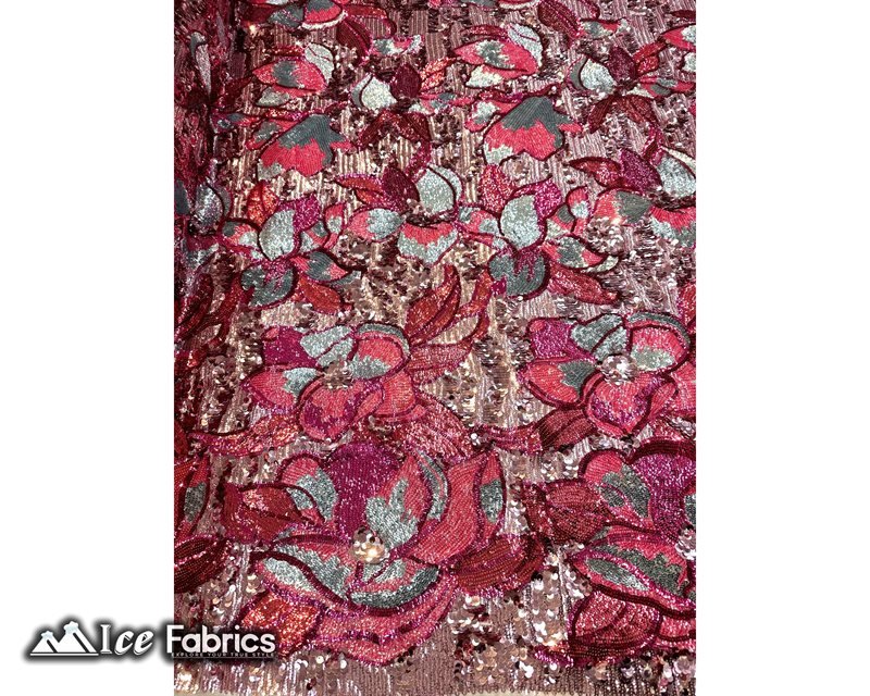 Floral Embroidered Heavy Stretch Sequin Fabric Hot Pink