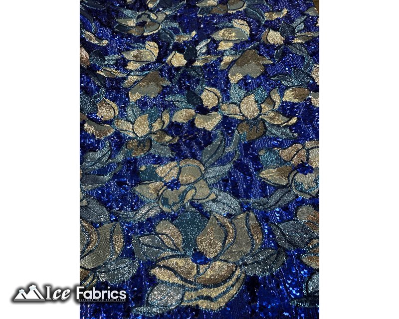 Floral Embroidered Heavy Stretch Sequin Fabric Royal Blue