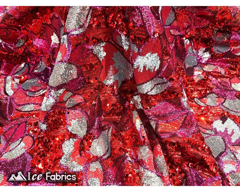 Floral Embroidered Heavy Stretch Sequin Fabric Red