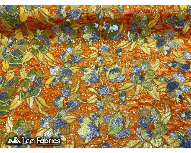 Floral Embroidered Heavy Stretch Sequin Fabric Yellow Gold