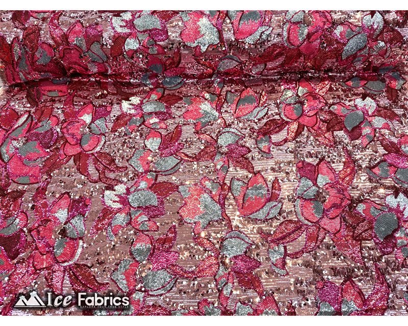 Floral Embroidered Heavy Stretch Sequin Fabric Hot Pink