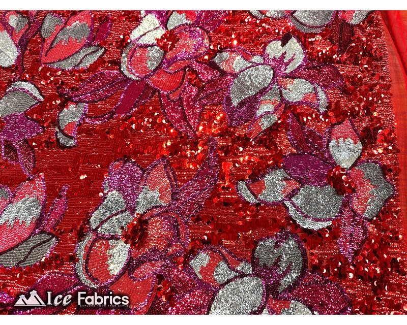 Floral Embroidered Heavy Stretch Sequin Fabric Red