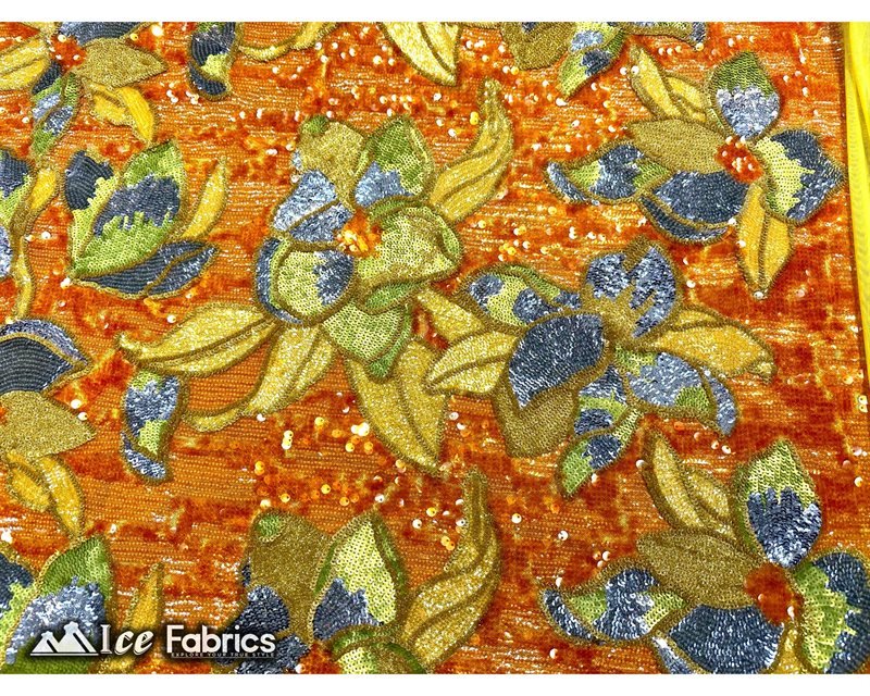 Floral Embroidered Heavy Stretch Sequin Fabric Yellow Gold