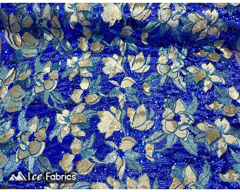 Floral Embroidered Heavy Stretch Sequin Fabric Royal Blue