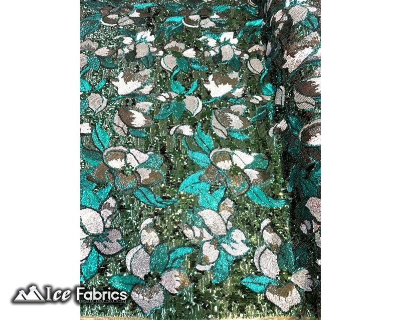 Floral Embroidered Heavy Stretch Sequin Fabric Hunter Green.