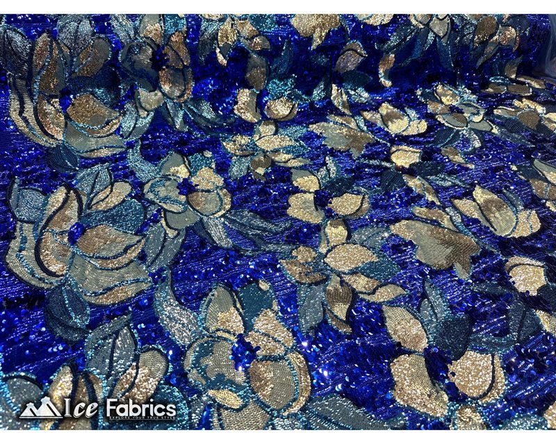 Floral Embroidered Heavy Stretch Sequin Fabric Royal Blue