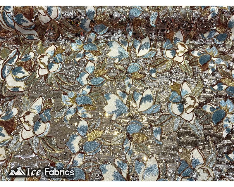 Floral Embroidered Heavy Stretch Sequin Fabric Rose Gold