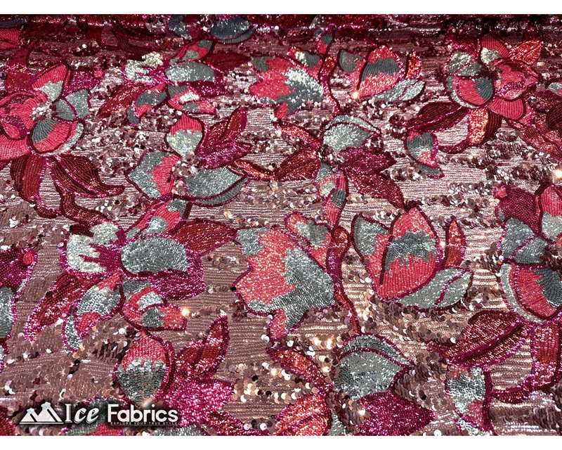 Floral Embroidered Heavy Stretch Sequin Fabric Hot Pink