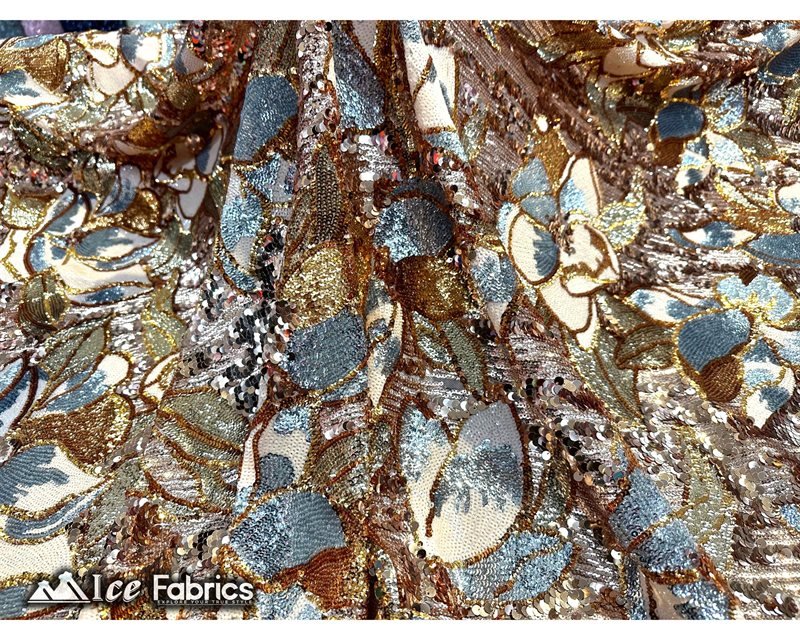 Floral Embroidered Heavy Stretch Sequin Fabric Rose Gold