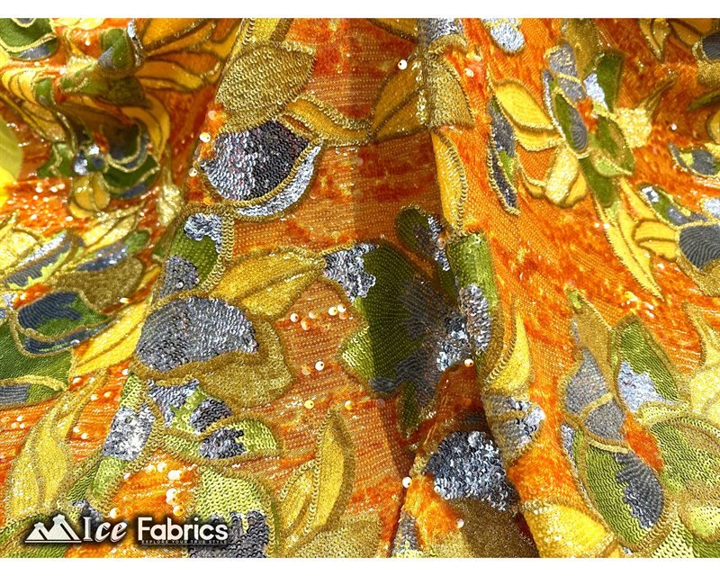 Floral Embroidered Heavy Stretch Sequin Fabric Yellow Gold