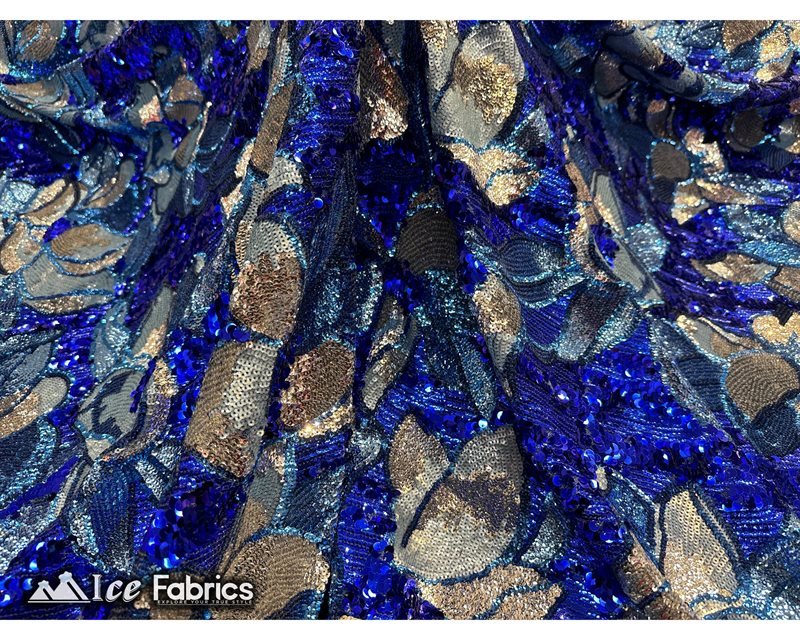 Floral Embroidered Heavy Stretch Sequin Fabric Royal Blue