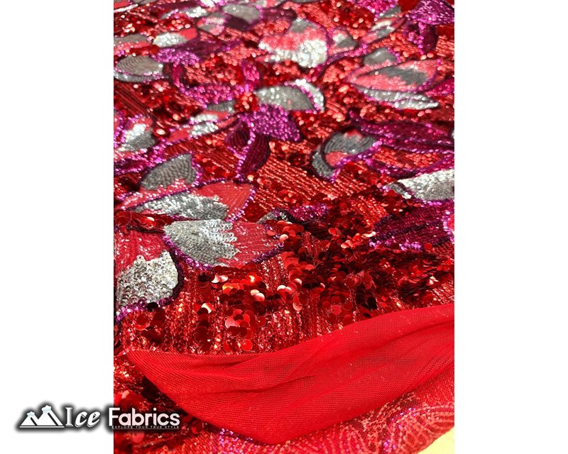 Floral Embroidered Heavy Stretch Sequin Fabric Red