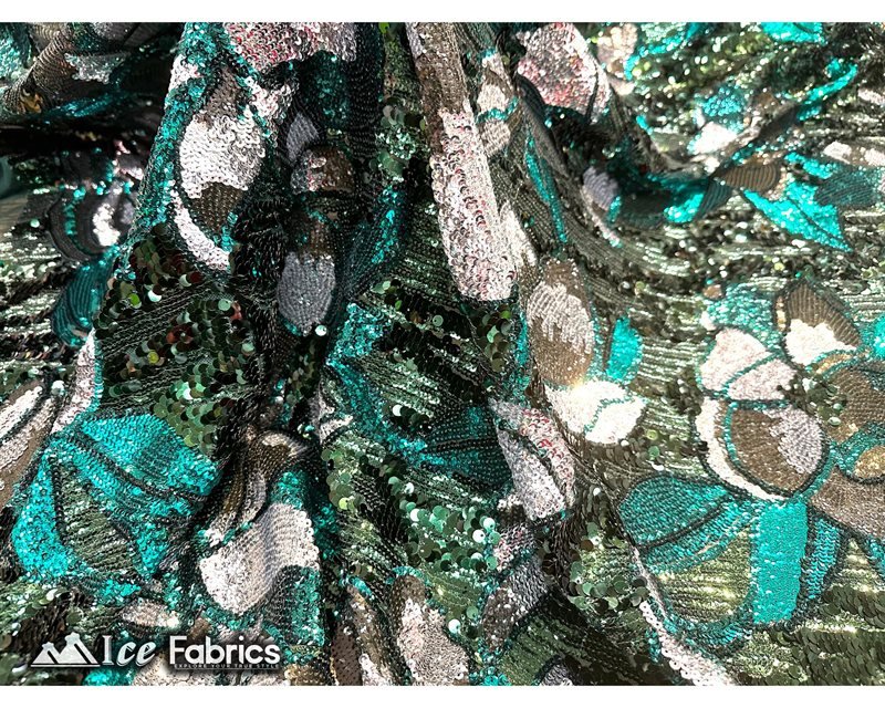 Floral Embroidered Heavy Stretch Sequin Fabric Hunter Green.