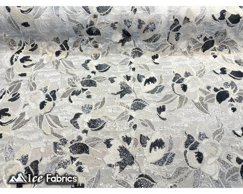Floral Embroidered Heavy Stretch Sequin Fabric White Silver