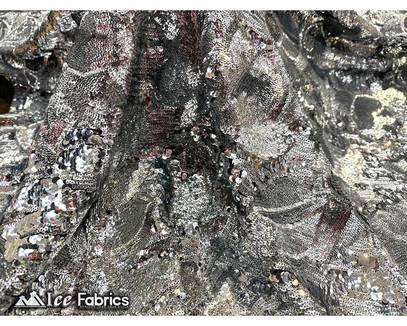Floral Embroidered Heavy Stretch Sequin Fabric Silver On Black