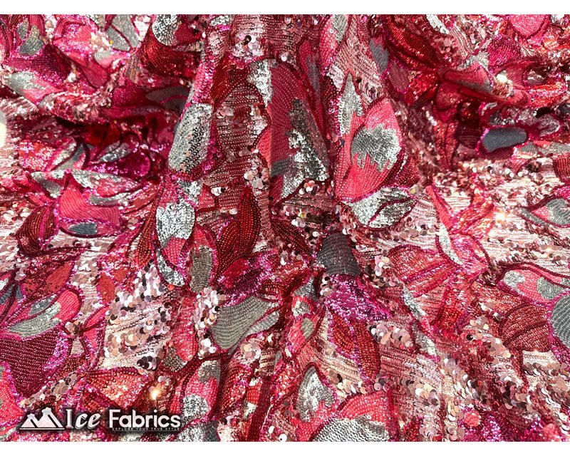 Floral Embroidered Heavy Stretch Sequin Fabric Hot Pink