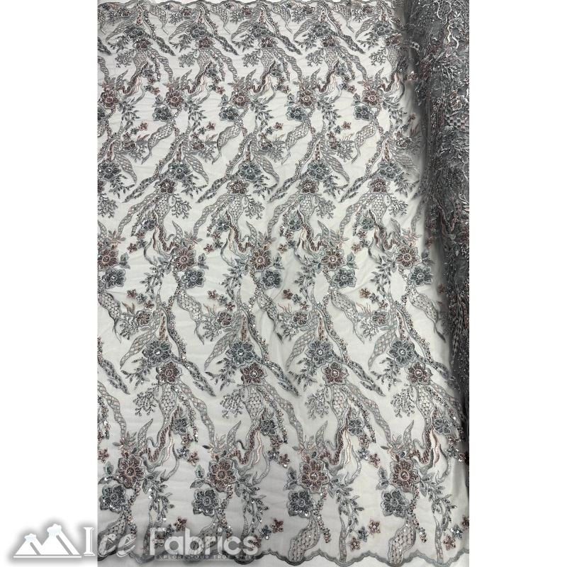 Floral Embroidery Beaded Fabric with Sequin on MeshICE FABRICSICE FABRICSGray And PinkBy The Yard (56 inches Wide)Floral Embroidery Beaded Fabric with Sequin on Mesh ICE FABRICS Gray And Pink