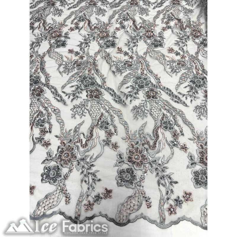 Floral Embroidery Beaded Fabric with Sequin on MeshICE FABRICSICE FABRICSGray And PinkBy The Yard (56 inches Wide)Floral Embroidery Beaded Fabric with Sequin on Mesh ICE FABRICS Gray And Pink
